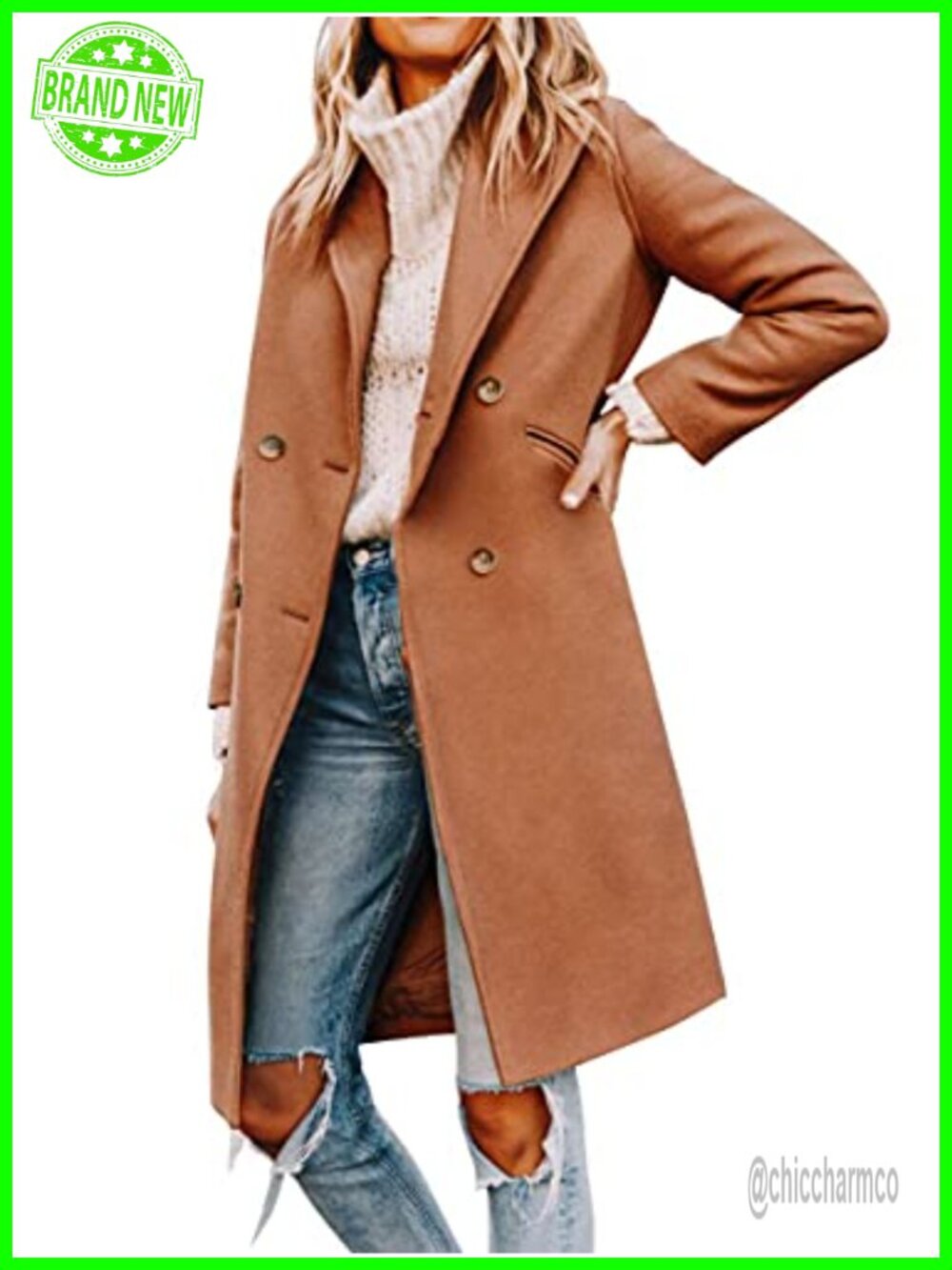 Womens Double Breasted Pea Coat Notch Lapel Mid Long